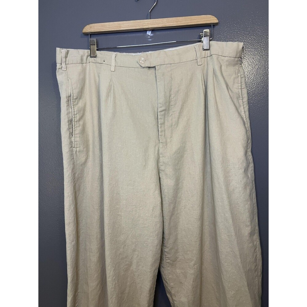 TRUST Pants Mens 42x30 Beige Linen Rayon Pleated Relaxed Straight Leg Dress